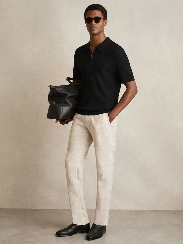 Reiss Black Regis Textured Half-Zip Polo Shirt